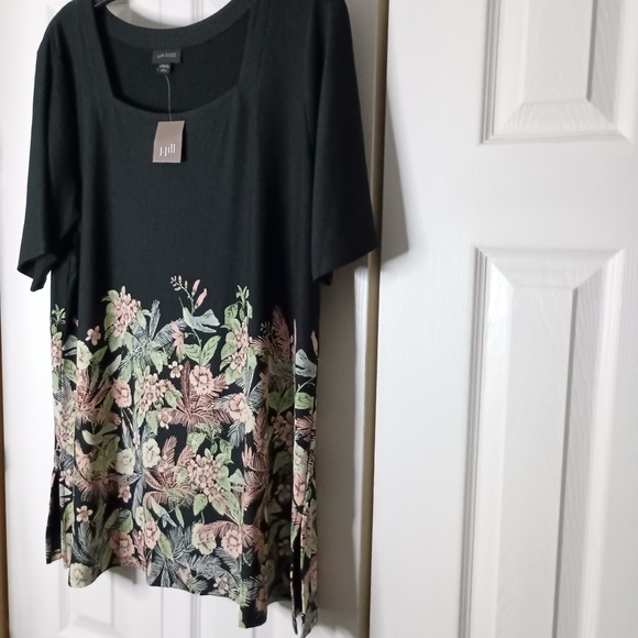 J Jill Tunic Womens L Top Black Floral Bird Springtime Square Neck Rayon Top NWT - Picture 2 of 5